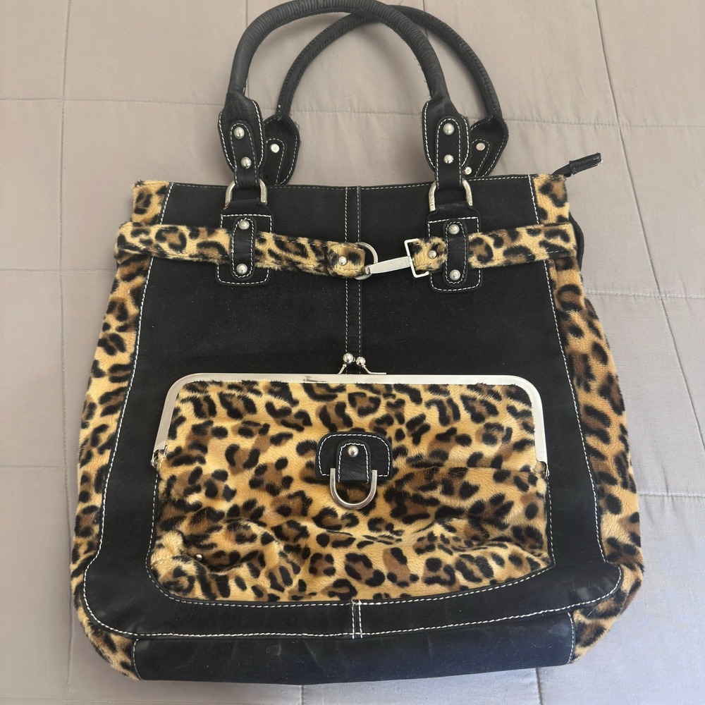 Nicole Lee Large Tote Bag Black Leopard Faux Suede Kiss Lock Y2K Buckle Hobo